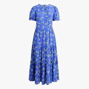 J. Crew Blue And Green Floral Midi Dress With Puff Sleeves And Pockets